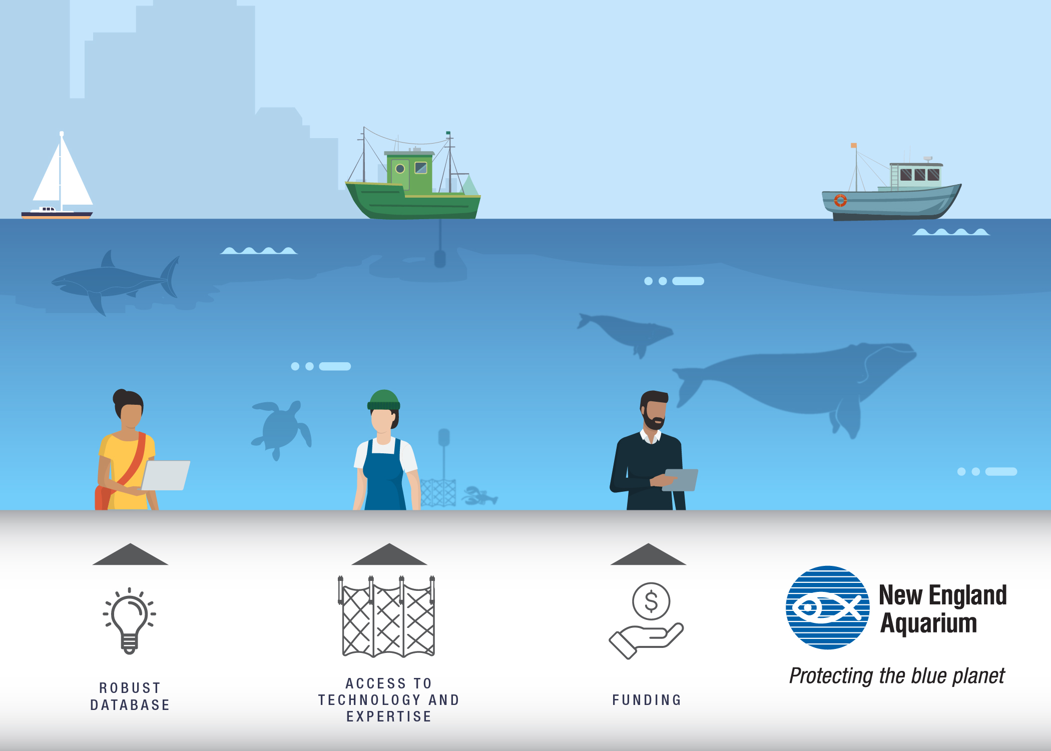 Graphic depicting the elements of the Global Bycatch Exchange. The text states: robust database, access to technology and expertise, funding. 